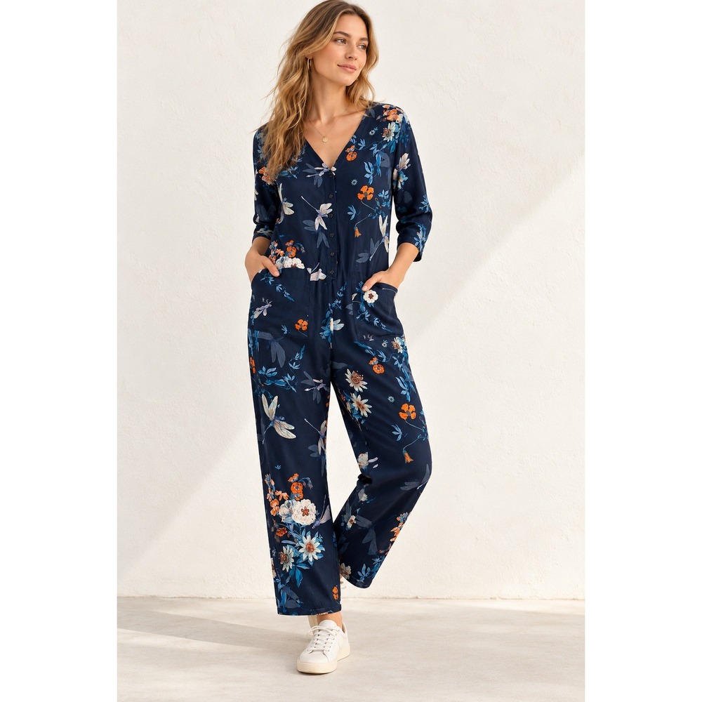 Zara Woman Premium Denim Floral Dragonfly Print Jumpsuit Navy Blue Small
